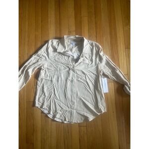 Liz Claiborne Womens Tan White Striped Rayon Button Down Shirt NWT Medium